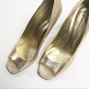 BCBGeneration Textured Open toe Gold Leather Heels